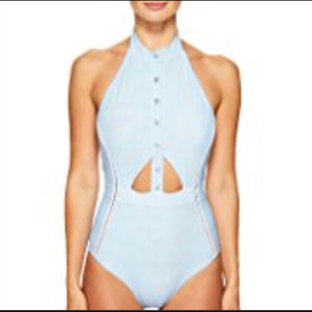 Jonathan Simkha Pinstripe-Halter Snap
Front One-Piece.